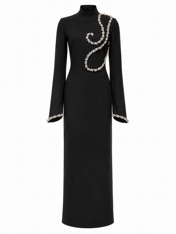 【新品DRESS 2006】ビジューモチーフハイネックチャイナドレス風タイトロングドレス ブラック